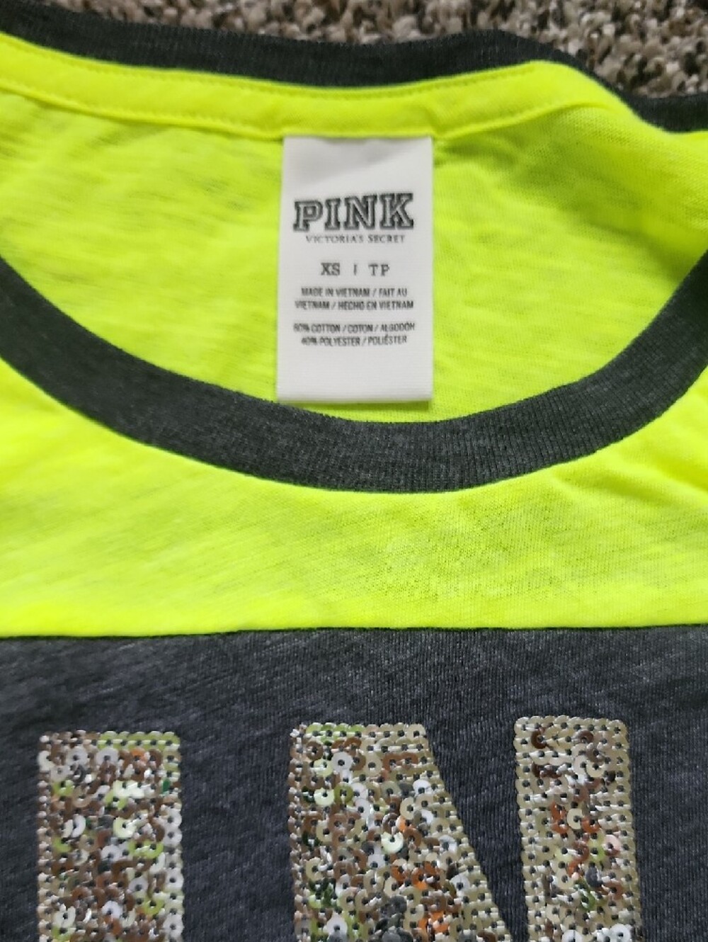 PINK Victoria's Secret Neon Yellow & Charcoal Sequin Logo Long Sleeve Tee - Picture 2 of 3